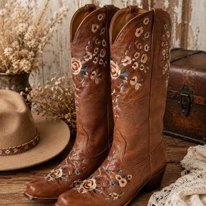 Stivali da cowboy ricamati, stivali western da donna, stivali alti boho floreali, stivali da cowgirl vintage, stivali alti al ginocchio in pelle PU, taglie forti, vestibilità ampia