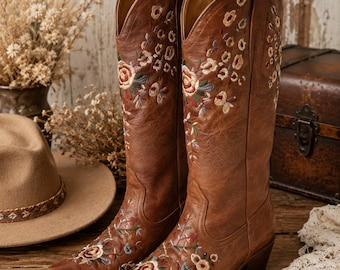 Botas vaqueras bordadas para mujer, botas western, botas altas boho florales, botas vaqueras vintage, botas altas de cuero sintético hasta la rodilla, tallas grandes, ajuste ancho.