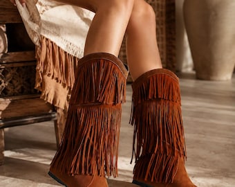 Franje Westernlaarzen voor dames, boho cowboylaarzen van suède, halfhoge laarzen, platte sleehaklaarzen, festivalschoenen, laarzen in brede maten voor dames, grote maten.