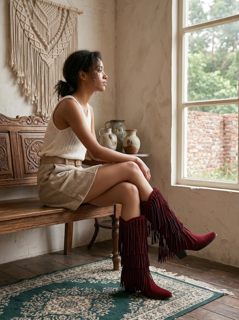 May include: A pair of knee-high boots in a deep burgundy colour, featuring multiple layers of long, flowing fringe that covers the shaft. The boots have a pointed toe and a sturdy block heel, crafted from a soft, suede-like material.