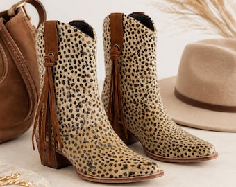 Cheetah Print Cowgirl Boots, Velvet Western Ankle Booties, Fringe Cowboy Boots, Pointed Toe Large Size Womens Shoes, Boho Rodeo 2.36in Heel