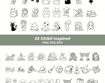 Può includere: Una collezione di 53 illustrazioni in bianco e nero a tratto che raffigurano vari personaggi, edifici e oggetti. Il set include figure, strutture e articoli come una scopa, un cappello, una lanterna e scarpe, etichettati 53 Ghibli Inspired PNG SVG EPS.