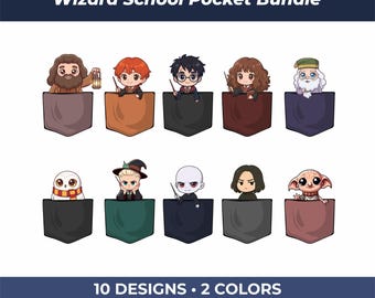 Paquete de imágenes prediseñadas PNG de personajes de bolsillo de Wizard School Pocket en estilo chibi