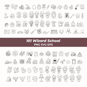 May include: A collection of black and white line art icons featuring wizard school themes, including characters, magical creatures, potions, wands, and school supplies. The text 101 Wizard School PNG SVG EPS is centred in a brown horizontal banner.
