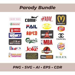 May include: A bundle of parody logos, such as "COMA", "FAIL", "AB/CD", "Calories'", "Diet Joke", "STOP WARS", and others. The text "Parody Bundle" is at the top. File types include PNG, SVG, AI, EPS, and CDR.