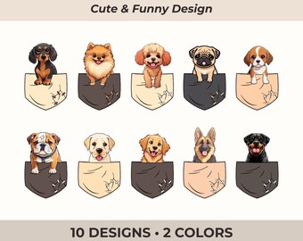 Paquete de imágenes prediseñadas de perros de bolsillo: 10 diseños de cachorros, PNG de alta resolución
