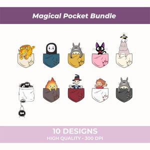 May include: Ten cartoon pocket designs featuring different characters. Each pocket is a different colour and contains a unique character. The text "Magical Pocket Bundle" is at the top, and "10 Designs High Quality • 300 DPI" is at the bottom.