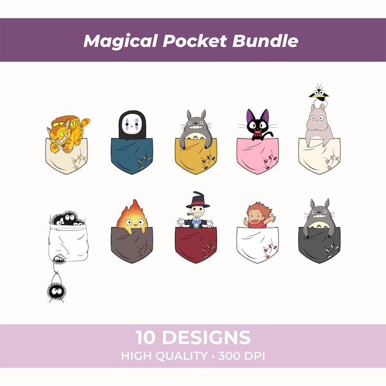 Pu&ograve; includere: Una collezione di dieci disegni di tasche a fumetti con vari personaggi. Le tasche sono di diversi colori e ognuna contiene un personaggio unico. Il testo "Magical Pocket Bundle" &egrave; in alto e "10 Designs High Quality &bull; 300 DPI" in basso.