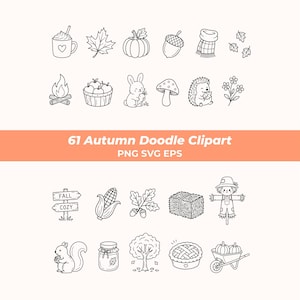 May include: A collection of black and white line art illustrations featuring autumn themes including a mug, maple leaf, pumpkin, acorn, scarf, campfire, apple basket, rabbit, mushroom, hedgehog, flowers, signpost with text FALL COZY, corn, hay bale, scarecrow, squirrel, jar, tree, pie, and wheelbarrow.
