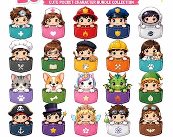 Paquete de personajes personalizados para bolsillo: 20 diseños PNG