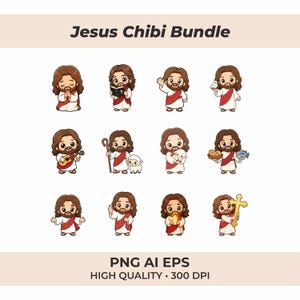Può includere: Una collezione di illustrazioni di Gesù in stile chibi. Ogni figura è raffigurata in una posa diversa, con in mano vari oggetti come una colomba, una croce e del pane. Il testo "Jesus Chibi Bundle" è in alto.