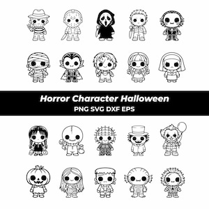 May include: A collection of twenty black and white line art illustrations featuring chibi-style horror characters. The text Horror Character Halloween PNG SVG DXF EPS is centered between the two rows of characters, which include iconic figures.