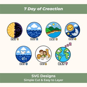 May include: A set of seven circular graphic designs labeled Day 1 through Day 7, titled 7 Day of Creaction. The illustrations feature colorful cartoon scenes including celestial bodies, landscapes, animals, and a sleeping Earth with pink ZZZ text.