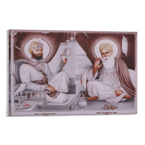 May include: A rectangular wall art print featuring two figures in traditional attire. On the left, a figure with a turban holds a sword. On the right, a figure with a long white beard and turban sits with a raised hand. Text reads Guru Gobind Singh Ji and Guru Nanak Dev Ji.