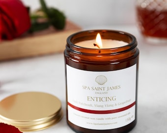 Enticing Aromatherapy Candle, Natural Coconut Wax, Ylang Ylang, Patchouli, Grapefruit 100% Pure  Essential Oils, Amber Jar