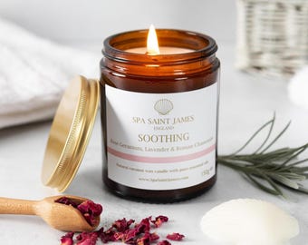 Soothing Aromatherapy Candle, Coconut Wax, Rose Geranium, Lavender, Roman Chamomile 100% Pure Essential Oils, Amber Jar