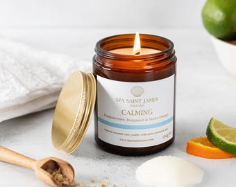 Calming Aromatherapy Candle, Natural Coconut Wax, Frankincense, Bergamot &  Orange 100% Pure Essential Oils, Amber Jar