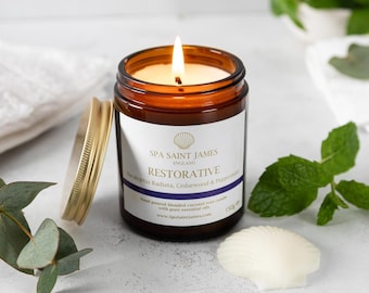 Restorative Aromatherapy  Candle, Coconut Wax, Cedarwood Eucalyptus Peppermint 100% Pure Essential Oils, Amber Jar