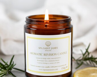 Aromatic Revision Candle, Coconut Wax, Lemon, Rosemary, Cypress 100% Pure Essential Oils, Amber Jar