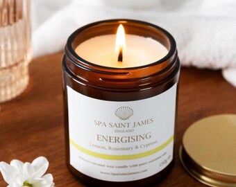 Energising Aromatherapy Candle, Natural Coconut Wax, Lemon, Rosemary, & Cypress 100% Pure Essential Oils, Amber Jar