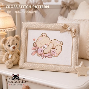 Patrón de punto de cruz de oso durmiendo con conejito: fácil para principiantes, compatible con Pattern Keeper.