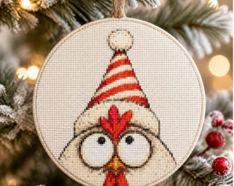 Curious Christmas Chicken Cross Stitch Pattern PDF, Funny Hen with Striped Santa Hat, Holiday Ornament Embroidery