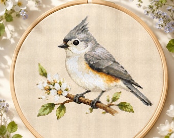Bird Cross Stitch Pattern, Tufted Titmouse Embroidery, Spring Bird PDF