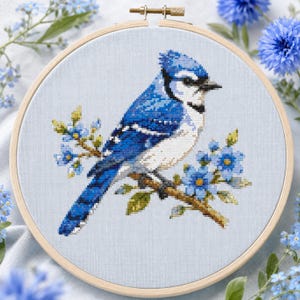 Può includere: Un progetto di ricamo a punto croce in un telaio circolare in legno raffigurante una ghiandaia azzurra appollaiata su un ramo marrone con piccoli fiori blu. L'uccello ha un piumaggio blu, bianco e nero su un tessuto azzurro.