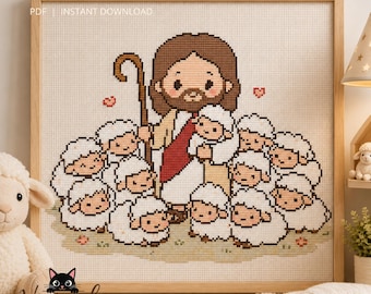 Jesus Leaves the 99 Sheep Cross Stitch, Christian Nursery Decor - PDF