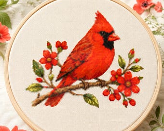 Cardinal Cross Stitch Pattern, Red Bird Embroidery, Floral Songbird PDF