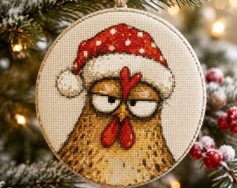 Sassy Christmas Chicken Cross Stitch Pattern PDF, Funny Grumpy Hen in Santa Hat, Holiday Ornament Embroidery