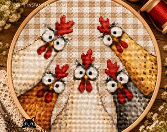 Curious Chickens Cross Stitch Pattern PDF – Farm Chicken Embroidery Chart – Rustic Farmhouse Decor – Instant Digital Download