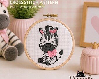 Zebra Cross Stitch Pattern, Zebra with Pink Bow, Safari Nursery Decor PDF