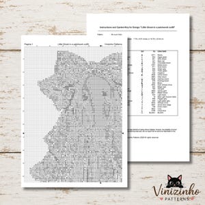 May include: A cross-stitch pattern titled Little Ghost in a patchwork outfit, featuring a grid with symbols and a corresponding color key. The document includes instructions, a symbol legend, and a list of thread colors for the design.