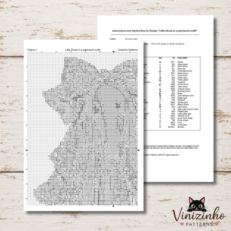 May include: A cross-stitch pattern titled Little Ghost in a patchwork outfit, featuring a grid with symbols and a corresponding color key. The document includes instructions, a symbol legend, and a list of thread colors for the design.