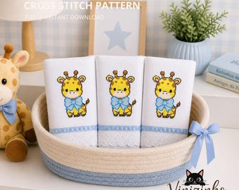 Giraffe Cross Stitch Pattern Whith Blue Bow, Beginner Friendly (Pattern Keeper Compatible)