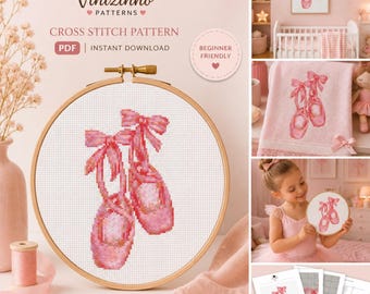 Ballet Shoes Cross Stitch Pattern, Pink Slippers Embroidery, Beginner Nursery Decor (PDF Download)