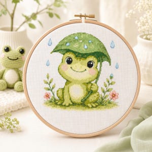 Può includere: Un telaio da ricamo circolare in legno contenente un motivo a punto croce di una rana verde chiaro seduta sull'erba sotto un grande ombrello a forma di foglia verde, circondata da gocce di pioggia blu e piccoli fiori rosa su tessuto bianco.