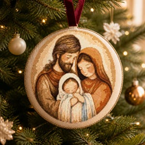 Peut inclure: Une décoration de Noël ronde en point de croix représentant la Sainte Famille. Le motif montre un personnage barbu et une femme portant un voile, entourant un petit enfant enveloppé dans un tissu blanc, le tout dans des tons chauds et doux.