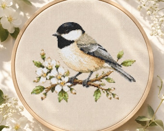 Bird Cross Stitch Pattern, Black-capped Chickadee Embroidery, Realistic Bird PDF