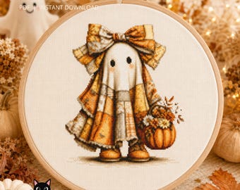 Patchwork Ghost Cross Stitch Pattern, Cottagecore Halloween Fall Decor (PDF)