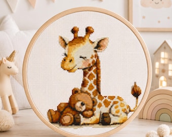 Baby Giraffe Cross Stitch Pattern, Teddy Bear Embroidery PDF, Nursery Decor