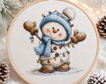 Christmas Cross Stitch Pattern, Snowman with Christmas Lights, Winter Embroidery PDF