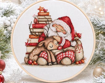 Christmas Cross Stitch Pattern | Sleeping Santa with Reindeer PDF