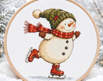 Snowman Cross Stitch Pattern, Ice Skating Christmas Embroidery PDF