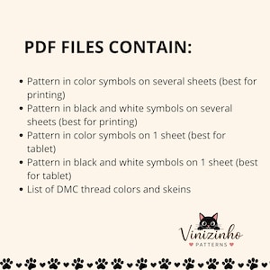 May include: A digital document listing PDF file contents for a craft pattern. It includes color and black and white symbol patterns for printing or tablet use, plus a DMC thread color list. The Vinizinho Patterns logo with a cat icon is at the bottom.