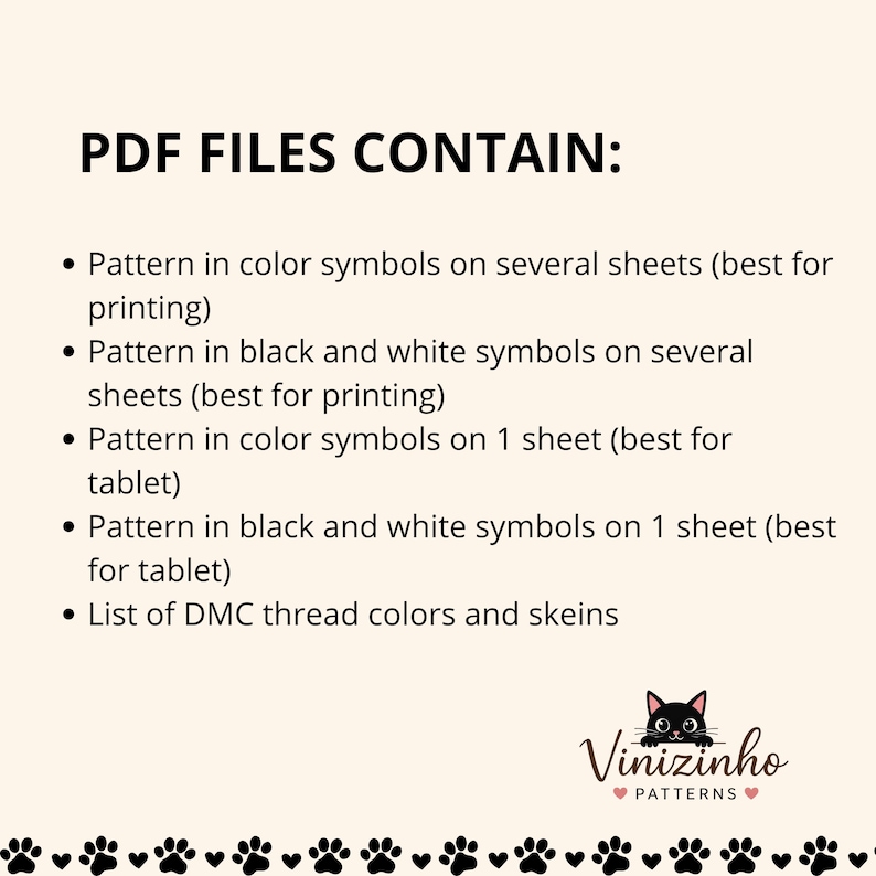 May include: A digital document listing PDF file contents for a craft pattern. It includes color and black and white symbol patterns for printing or tablet use, plus a DMC thread color list. The Vinizinho Patterns logo with a cat icon is at the bottom.