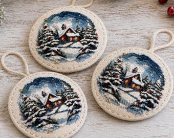 Christmas Village Cross Stitch Pattern PDF, Snowy Holiday Scene, Winter Christmas Ornament Embroidery