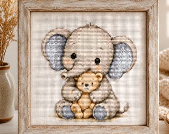 Elephant Teddy Bear Cross Stitch Pattern, Baby Nursery Embroidery Chart (Digital Download)
