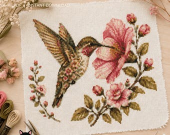 Hummingbird Cross Stitch Pattern – Colorful Floral Bird with Leaves and Flowers PDF Pattern